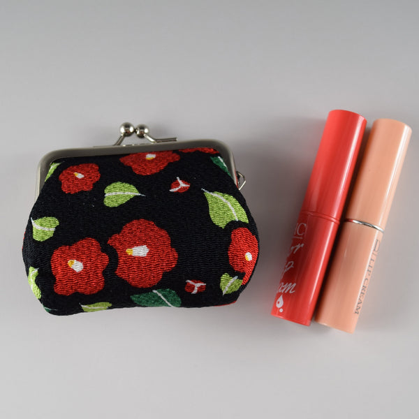 Japanese Metal Clasp Purse Pouch Camellia Flower Pattern Hanagatami -Medium Size