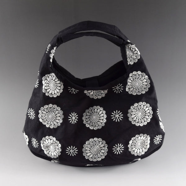 Polyester Handbag Tote bag - Chrysanthemum Flower Pattern, Black