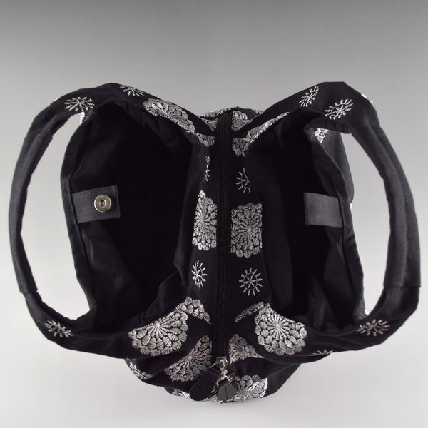 Polyester Handbag Tote bag - Chrysanthemum Flower Pattern, Black