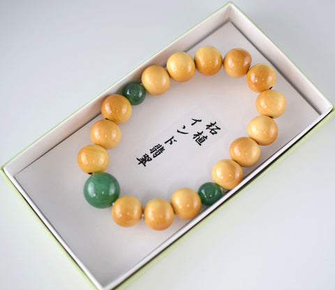 13.8mm Tsuge Box Wood & Indian Jade Bracelet - 京都あさひ屋－Kyoto Asahiya
