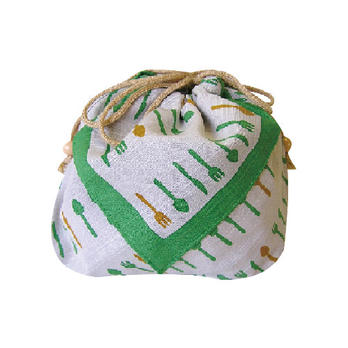 Cotton Furoshiki - Kinchaku Bento Bag Cutlery Green