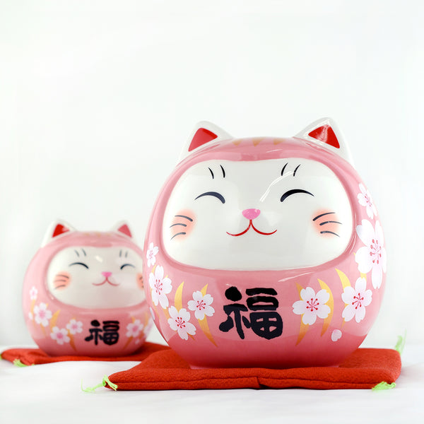 Japanese Cherry Blossoms Pink Cat Ceramic Piggy bank Ornament 2 Sizes