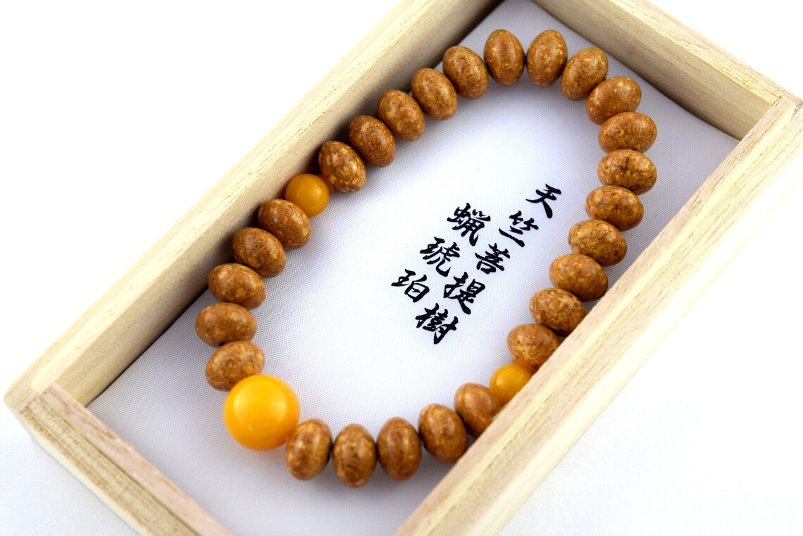 10mm Bodhi Seed Wood & Honey Amber Bracelet - 京都あさひ屋－Kyoto Asahiya