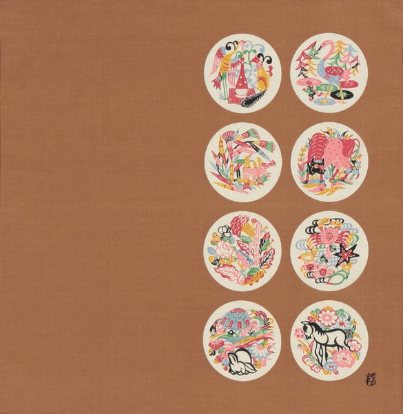 53cm Cotton Handkerchief Furoshiki - Keisuke Serizawa Aesop's Fables Brown