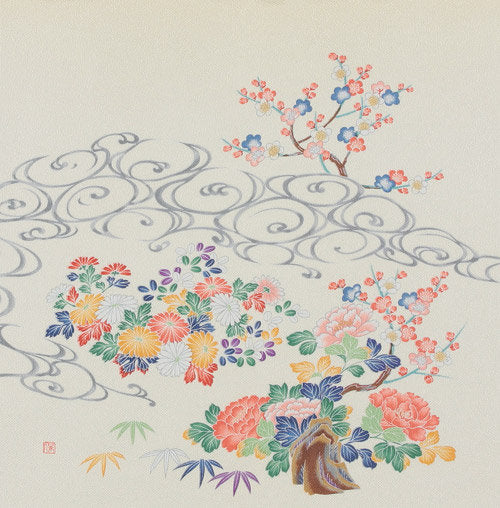 68cm Silk Furoshiki - Yuzen Dyeing Kagayuzen Beige